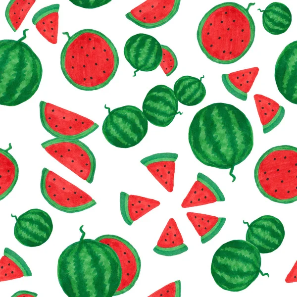 Nahtlose Mustermalerei Mit Roter Wassermelone Isoliert Auf Weißem Hintergrund — Stockfoto