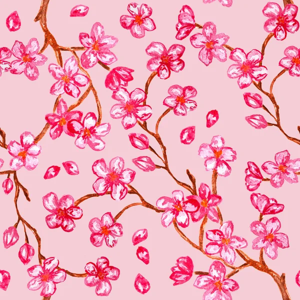 Cherry Blossom Akvarelli Maalaus Saumaton Kuvio Sakura Vaaleanpunainen Tausta — kuvapankkivalokuva