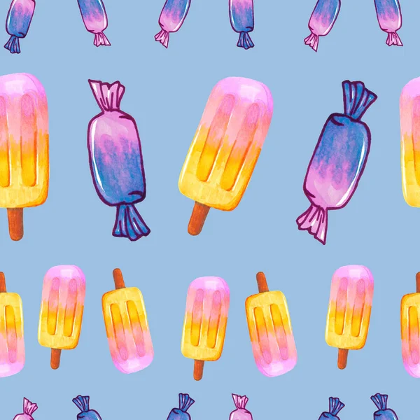 Ice cream with candy sweets painting - seamless pattern on blue background