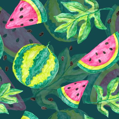 Koyu yeşil zemin üzerine karpuz ile Seamless Modeli suluboya resim