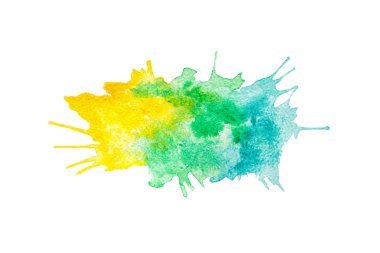 Suluboya resim arka plan üzerine beyaz izole sarı, yeşil ve mavi renkleri soyut