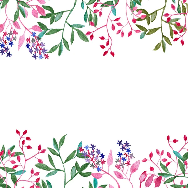 Frame Flowers Leaves Branches Watercolor Painting Isolated White Headers Footers — Stock Photo, Image