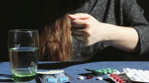 Young Woman Holds Out Her Hand Pills Medicine Health Care — Stock Video