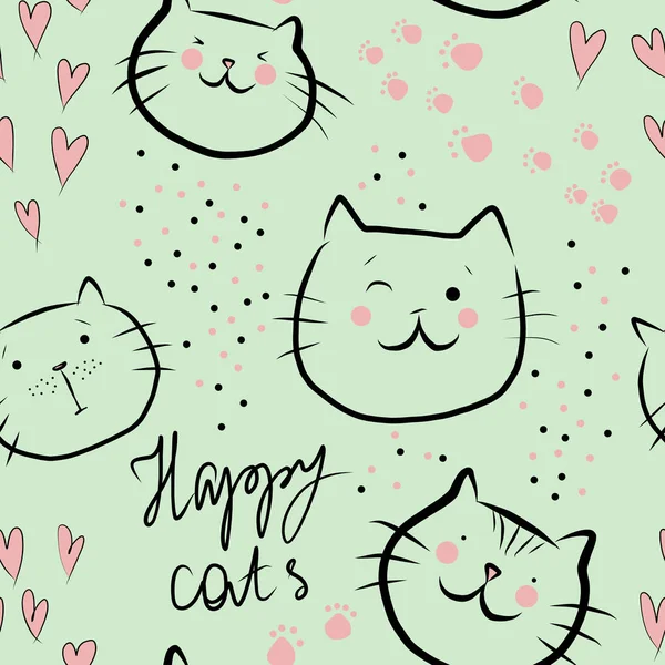 Śliczne Szczęśliwe Koty Różowymi Sercami Tekstem Bez Szwu Wzór Jasnym — Zdjęcie stockowe