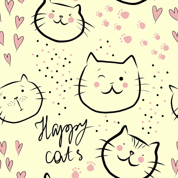 Śliczne Szczęśliwe Koty Różowymi Sercami Tekstem Bez Szwu Wzór Żółtym — Zdjęcie stockowe