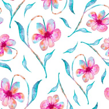 Mavi çiçekler, karışık renkler suluboya boyama ile Pembe - beyaz arka plan üzerinde dikişsiz desen