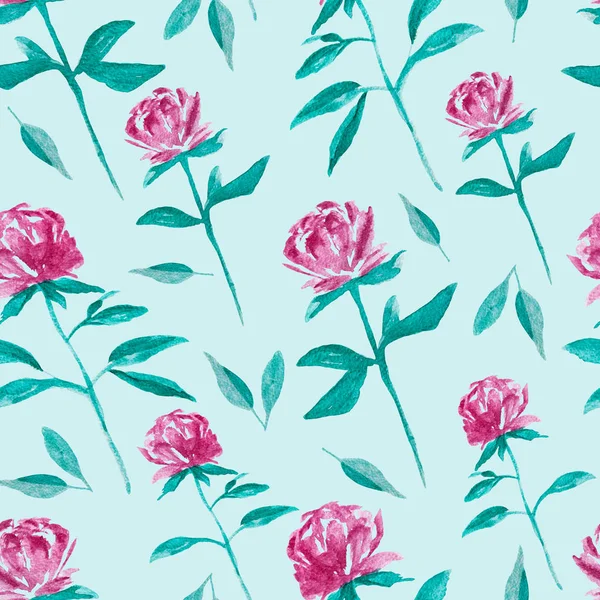 Pink Flowers Watercolor Painting Hand Drawn Seamless Pattern Light Blue — Stock Photo, Image