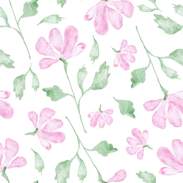 Pink Flowers Watercolor Painting Hand Drawn Seamless Pattern Blossom White — Stock Photo, Image