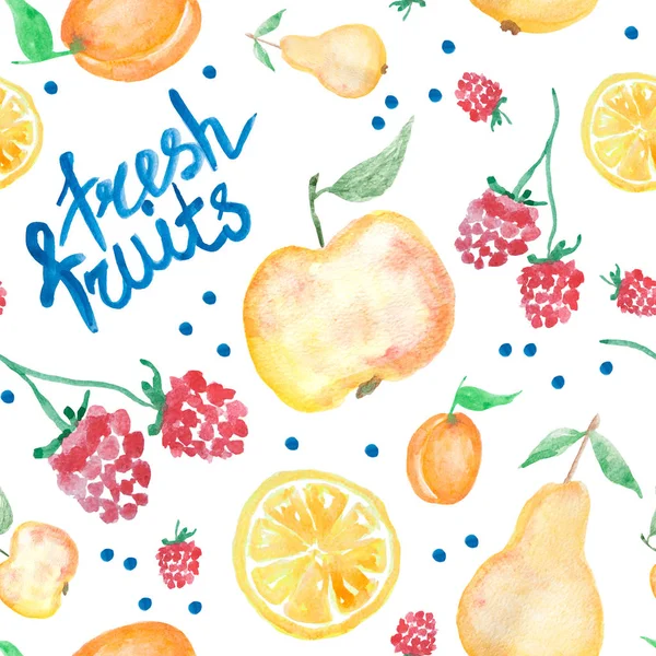 Frische Früchte Aquarellmalerei Handgezeichnete Nahtlose Muster Mit Schriftzug Auf Weißem — Stockfoto