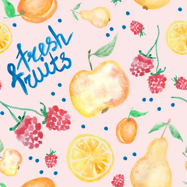 Fresh fruits watercolor painting - hand drawn seamless pattern with lettering on pink background
