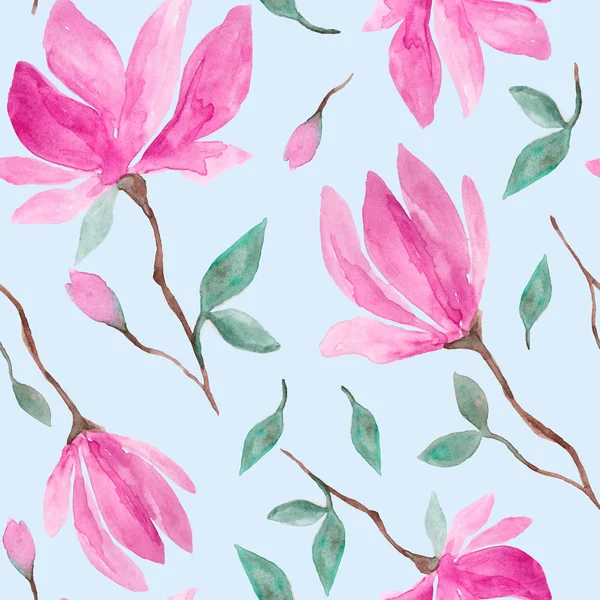 Růžový Šácholan Květy Kvetou Akvarel Kreslené Malby Modrém Pozadí — Stock fotografie