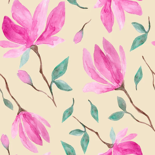 Pink Magnolia Flowers Watercolor Painting Hand Drawn Seamless Pattern Yellow — Stock Photo, Image