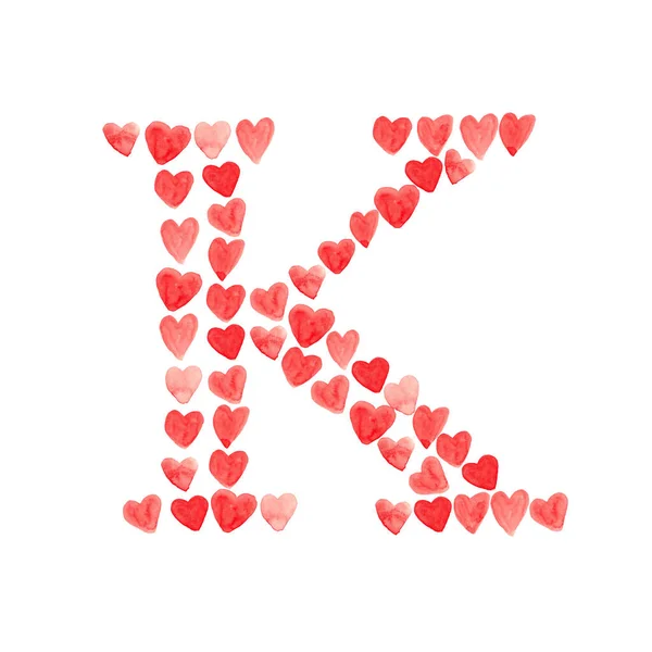 红心字母K 白色背景下的水彩画字体 — 图库照片