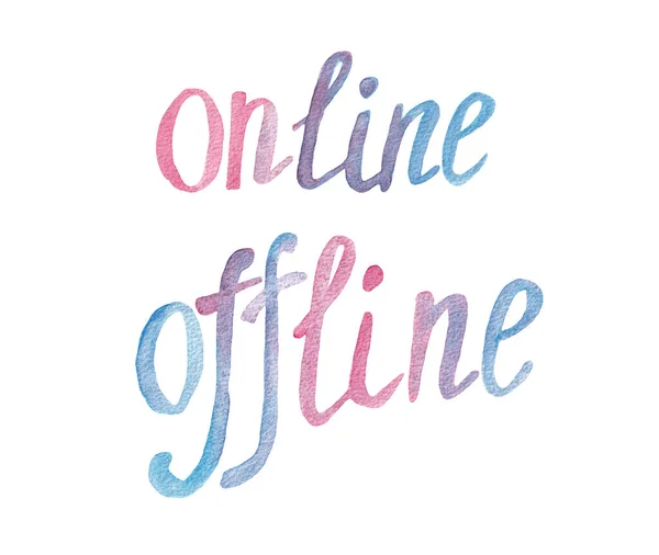 Online Και Offline Ροζ Μπλε Γράμματα Ακουαρέλα Που Απομονώνονται Λευκό — Φωτογραφία Αρχείου