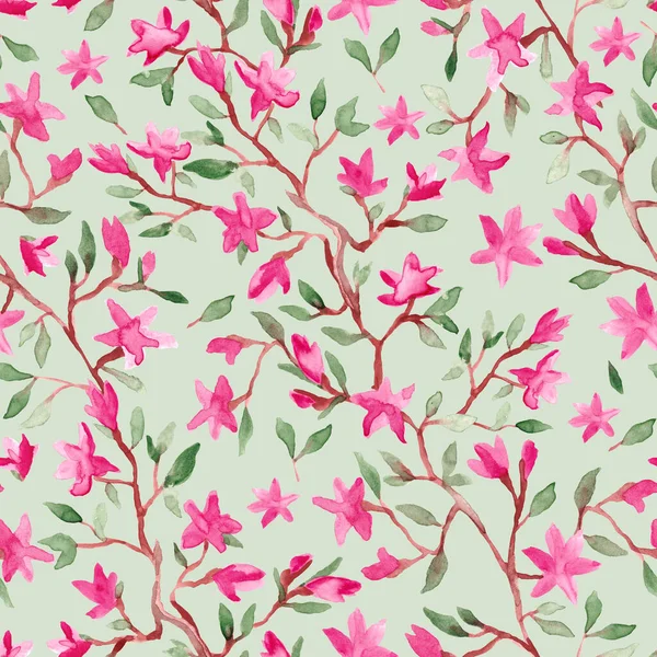 Pink Flowers Branch Watercolor Painting Hand Drawn Seamless Pattern Light — Stock Photo, Image