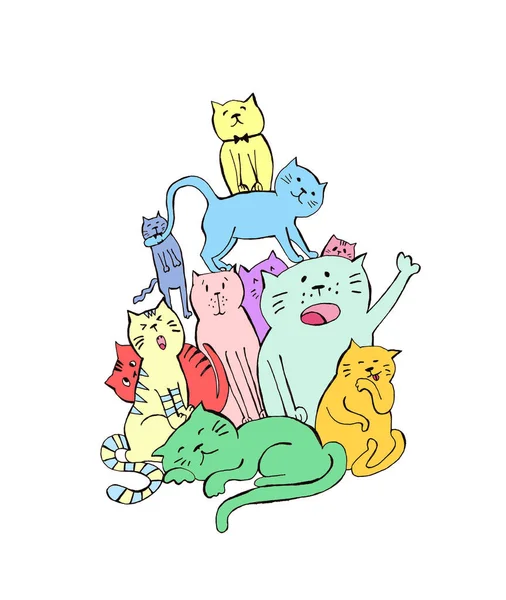 Renkli şirin kediler ve kedi eli çizilmiş - beyaza izole edilmiş renkli sayfalar 