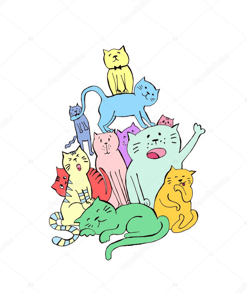 Colorful cute cats and kitten hand drawn - coloring page isolated on white