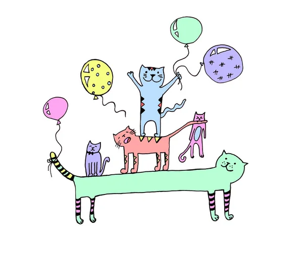 Coloridos Gatos Lindos Con Globos Aire Dibujados Mano Dibujos Animados —  Fotos de Stock