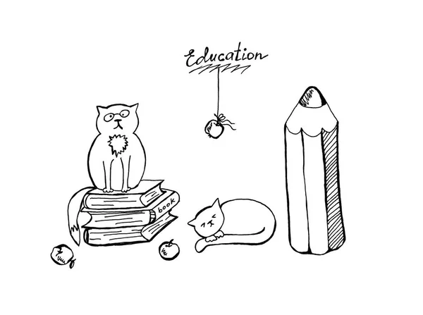 Cute Koty Książki Jak Edukacja Ręcznie Rysowane Koncepcji Kolorowanki Odizolowane — Zdjęcie stockowe