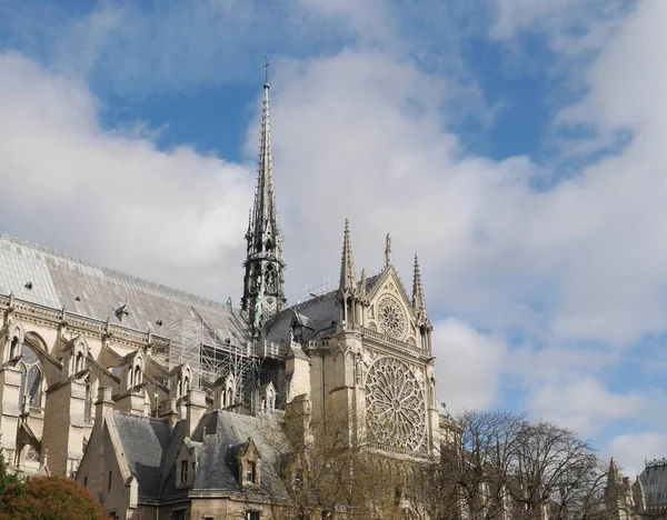 Notre Dame de Paris. a kilátást a folyóról. látható torony egy Spire. nem emberek. vízszintes fényképhez. Nap. Állványzat. Javítás — Stock Fotó