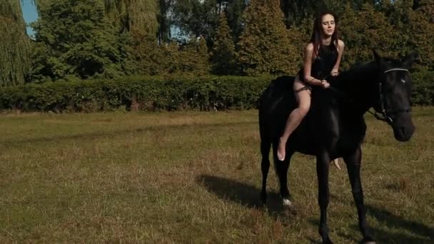 लड़की घुड़सवारी घुड़सवारी और घोड़े की गर्दन पथपाकर। जीवंत ग्रीष्मकालीन क्षैतिज आउटडोर छवि — स्टॉक वीडियो