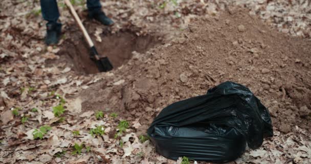 Ο καταραμένος δολοφόνος σκάβει έναν τάφο για το θύμα. Ο τύπος σκάβει μια τρύπα στο δάσος. Εγκληματική ιδέα. Ένας άντρας θέλει να θάψει κλεμμένα πράγματα στο δάσος. Κοντινό... ProRes, αργή κίνηση — Αρχείο Βίντεο
