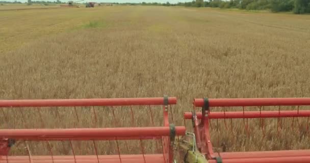 Maaidorser. Reaper. Agment. Combineer Harvester close up. Detail van graan Harvester afwerking van sojabonen oogst, laat in de zomer. ProRes, Slow Motion — Stockvideo