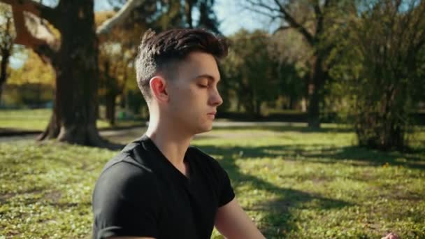 Красивий молодий чоловік займається медитацією в положенні лотоса. Людина одягається в чорну футболку і червоні шорти, сидячи на синьому килимі в розслабленій позі. За красивою природою з деревами в парку Праруд — стокове відео