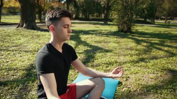 Молода людина, що медитує в напівлотосі - прекрасний парк, як тло. Хлопчик одягнений в чорну футболку і червону шорти, сидячи на блакитній килимі в розслабленій позі. Пропорції, повільний рух — стокове відео