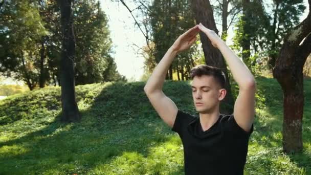 一个坐在公园绿草上的年轻人坐在莲花上。平静和冥想的概念。特写。以金字塔形状的手。穿着黑色T恤，穿蓝色红色短裤 — 图库视频影像