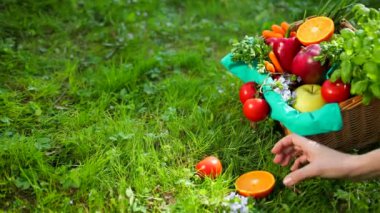El Bej Bez ahşap sepet içinde sebze ve meyve düzeltir. Prores, Yavaş Çekim, 4k