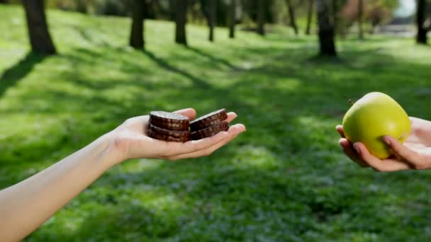 Le mani scelgono cosa mangia una mela verde o una torta al cioccolato. Sullo sfondo c'è un parco, tempo soleggiato. Il concetto di nutrizione biologica e stile di vita sano. Prores, rallentatore — Video Stock