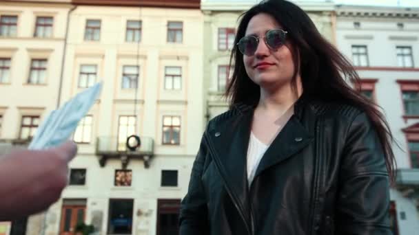 Close up of woman with money. Businesswoman holding cash. Hand giving money. Businesswoman in eyeglasses holding dollar currency. — Stock Video