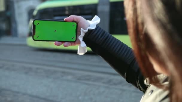 Kız bir smartphone telefonda greenscreen konuşuyor. Dalgalar ekranda gördüğünüz insanlara el. Eğleniyor, teknolojiler. Yakın görünüm, yavaş hareket. ProRes — Stok video