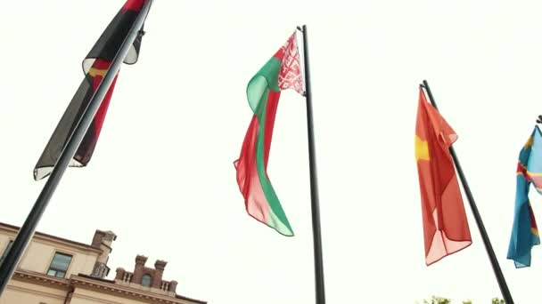 Fruwające flagi wszystkich państw na ulicach miasta, jedności Narodów. — Wideo stockowe
