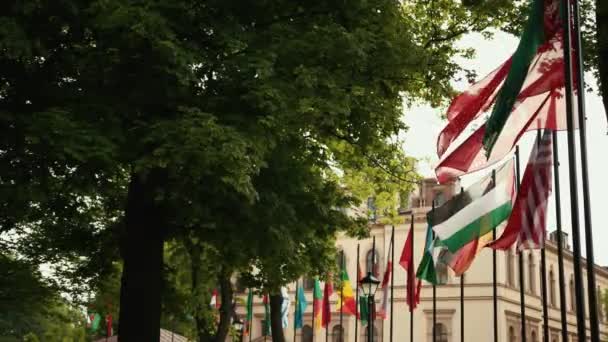 Flags of the different countries of the world against the business center 4k — Stock Video