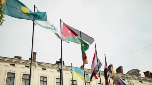 Flagi różnych krajów w parku Kamerun, Kazachstan, Izrael, Jordania, Zambia, Jemen, Egipt, Ekwador, Białoruś, Angola, Azerbejdżan. — Wideo stockowe