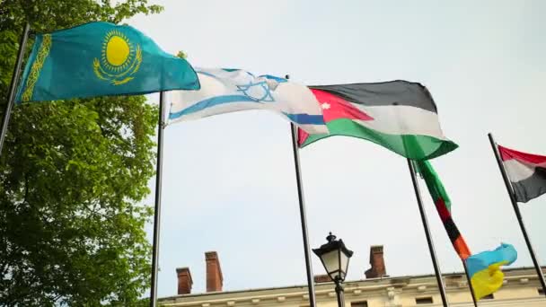 Sommige wereld nationale vlaggen Kazachstan, Israël, Jordanië, Zambia, Jemen, Oekraïne. — Stockvideo
