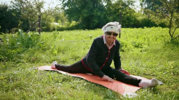 Pensionato nonna si siede su spaccature longitudinali, guarda in macchina fotografica — Video Stock