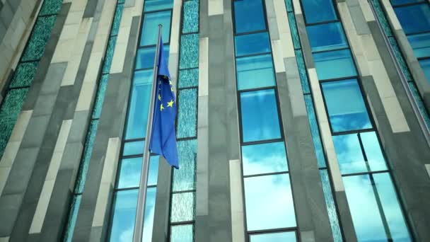 Ondeando la bandera de la Unión Europea con estrellas amarillas — Vídeo de stock