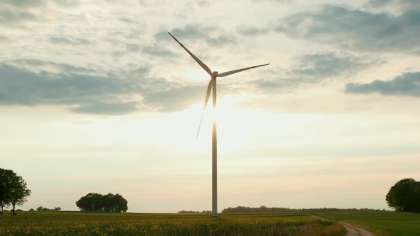 Větrné turbíny pro výrobu elektrické energie s barevnou oblačnou oblohou — Stock video