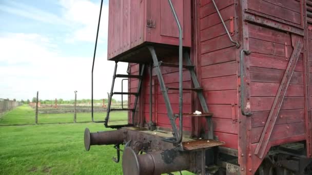 Auschwitz 'de toplama kampına giden demiryolu girişinde terkedilmiş tren arabası — Stok video