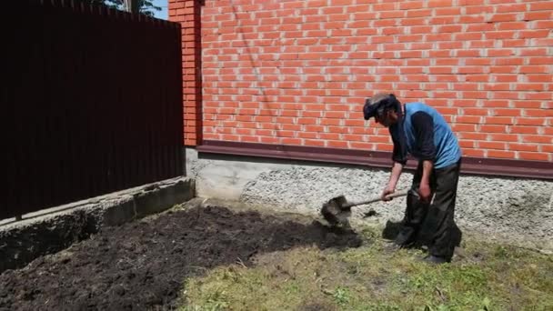 Férfi rongy a fejét, kiásását földre lapátot, közel nagy tégla kerítés — Stock videók