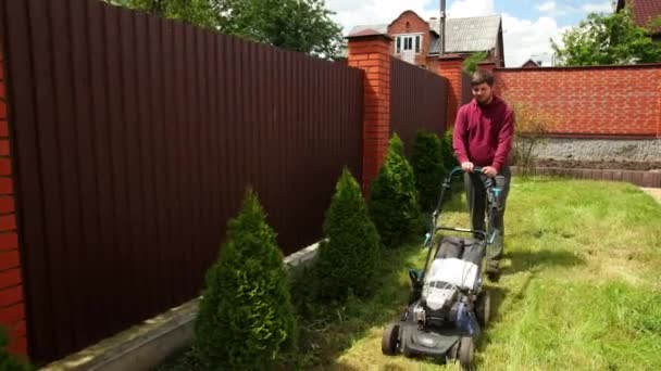 Junger Mann mit Bart mäht Gras mit Rasenmäher, Hinterhof, Nachmittag — Stockvideo