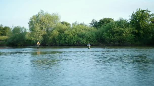 Pesca, dos hombres pescando en el río, de pie en el agua, una pequeña corriente — Vídeos de Stock