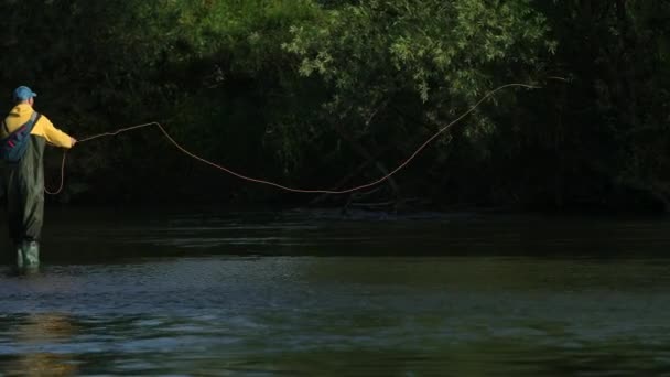 Homme pêcheur tenant une canne à pêche, lance un flotteur, pêche dans la rivière — Video