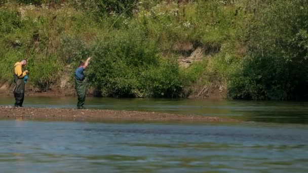 Два человека держат удочки, бросают поплавки, рыбаки ловят рыбу на реке — стоковое видео