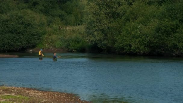 Рыбалка, два человека рыбачат на реке, стоят в воде, небольшое течение — стоковое видео
