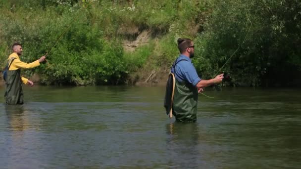 Fiske, två män som fiskar på älven, står i vattnet, en liten ström — Stockvideo