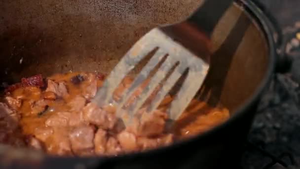 In large cast iron pot preparing dish, red with meat onions and other components — Stock Video